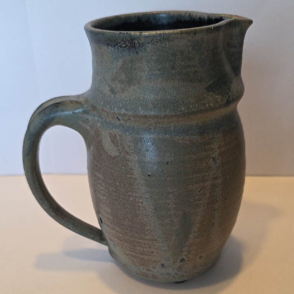 Vintage Pottery Pitcher Green And Tans Signed B. Sage 6.75 Inches Tall